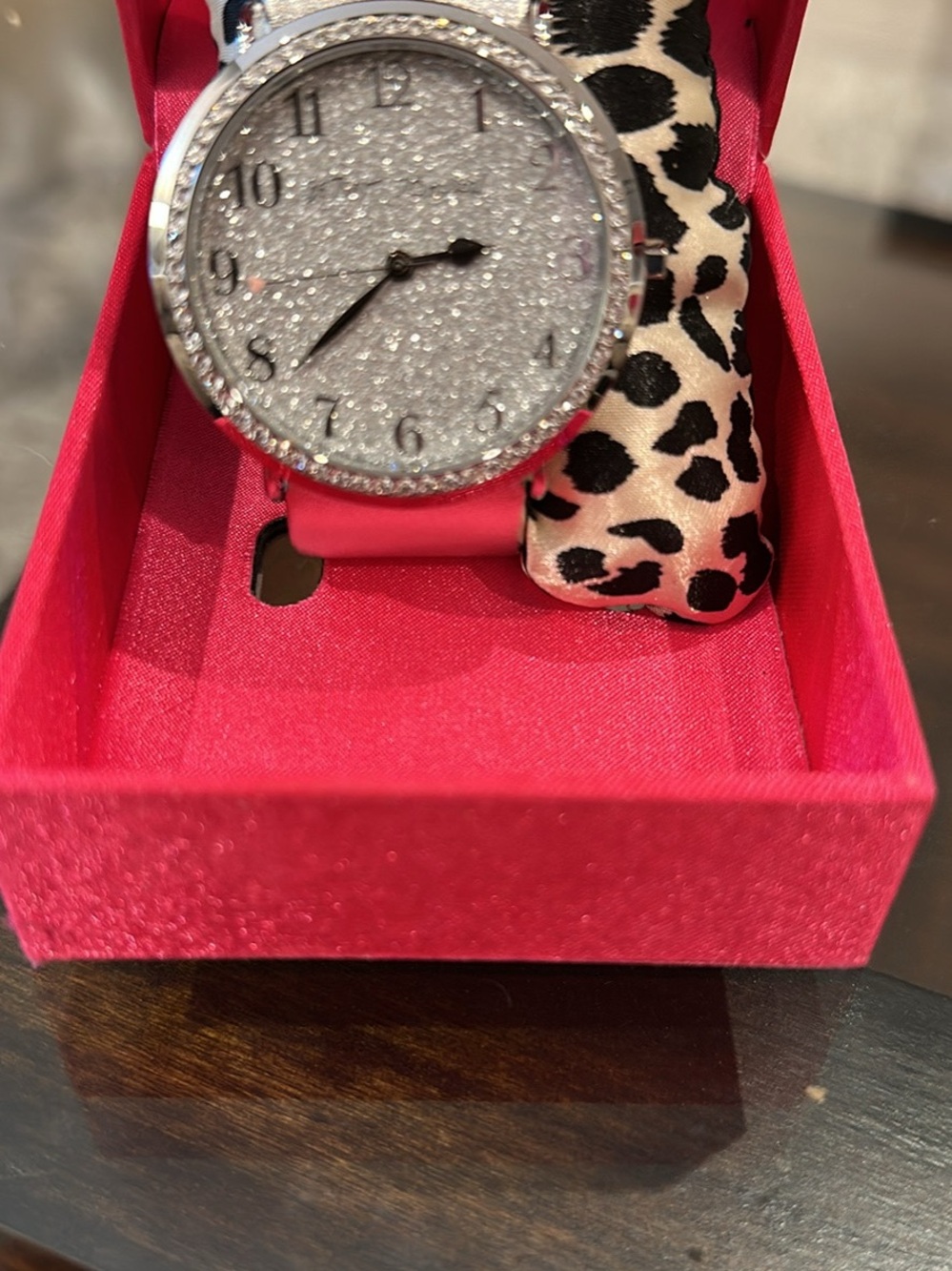 Betsey Johnson Hot Pink Watch with Leopard Accent and Crystal Dial